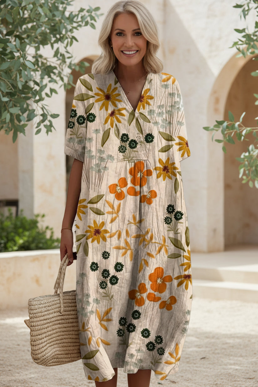 Casual yet chic floral V-neck dress for women, a comfortable and stylish summer vacation essential.