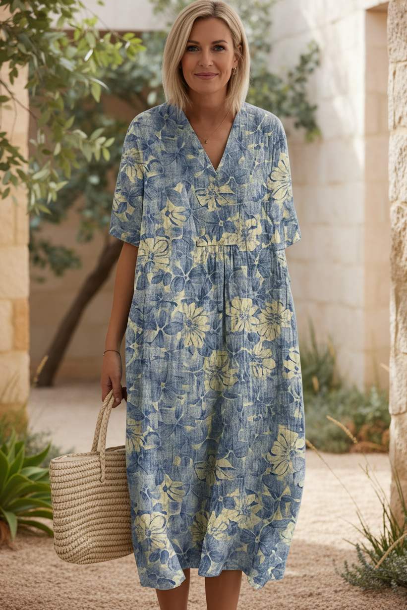 Graceful women's floral casual dress, a short sleeve V-neck summer outfit perfect for any occasion.