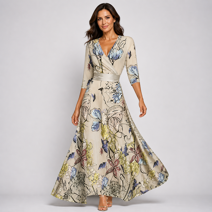 Elegant women's floral V-neck wrap maxi dress, perfect for summer parties & vacation. Flowing occasion wear.