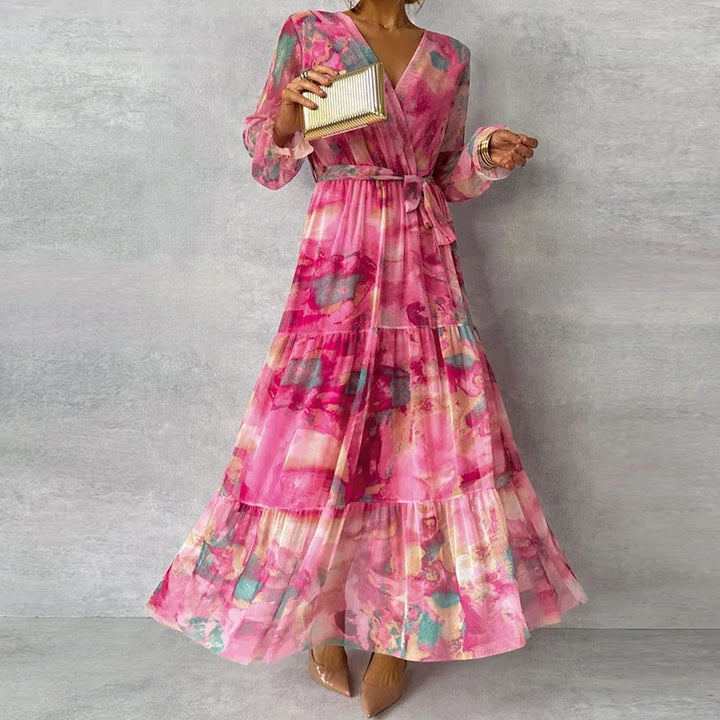 Elegant women's floral V-neck wrap maxi dress, perfect as a wedding guest, party, or summer occasion wear.