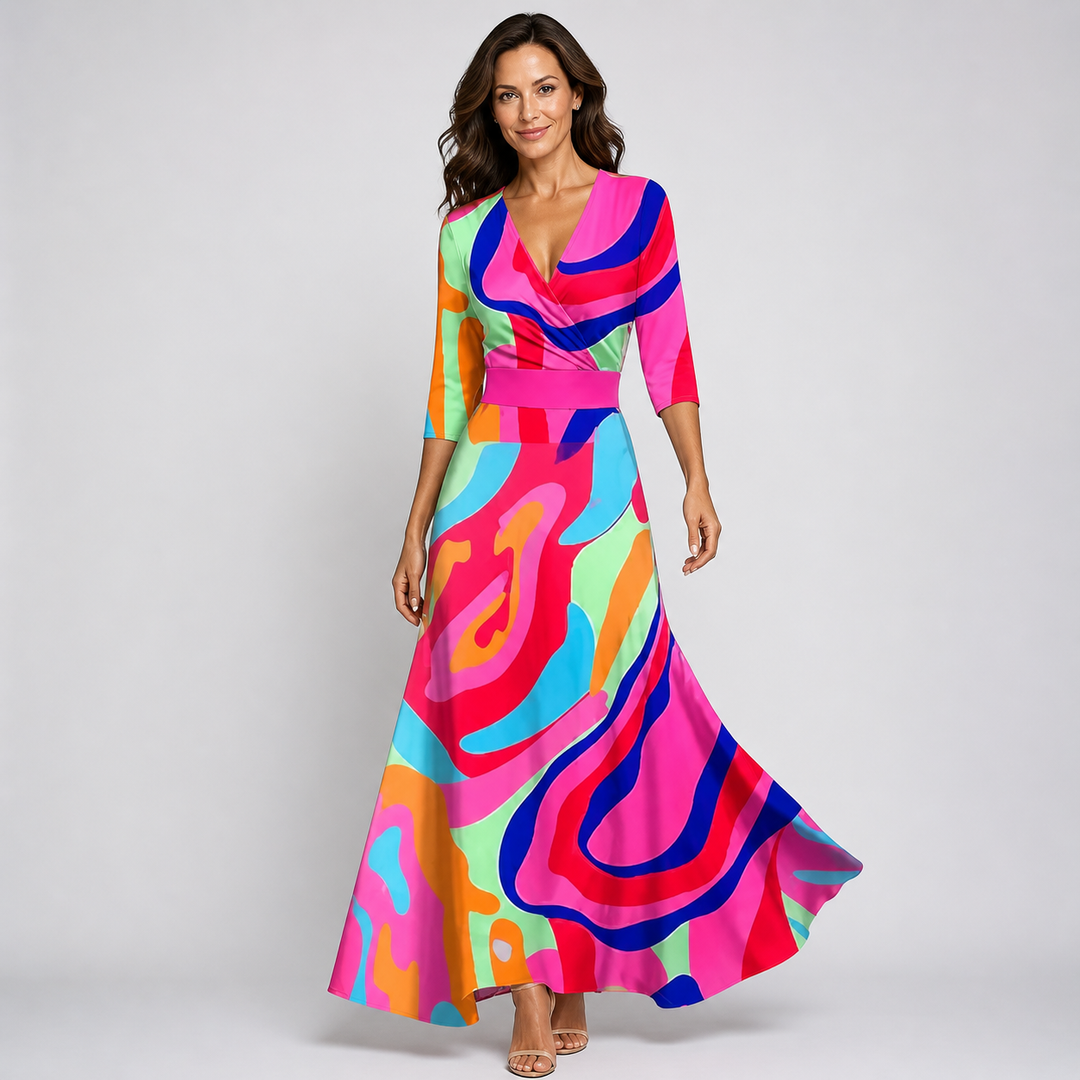 Women's elegant floral V-neck flowing wrap maxi dress, a chic choice for parties and special occasions.