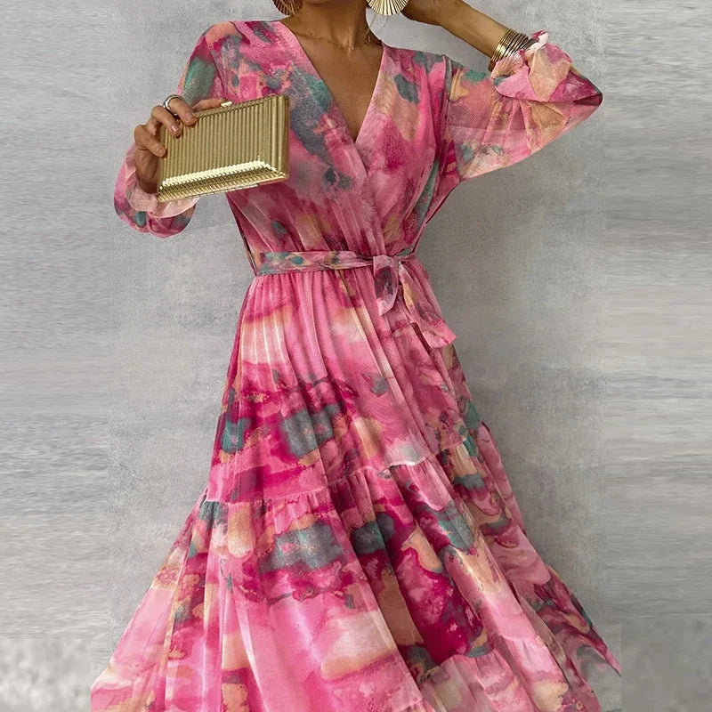 Romantic women's floral summer maxi dress, V-neck wrap style, an elegant choice for any wedding guest.