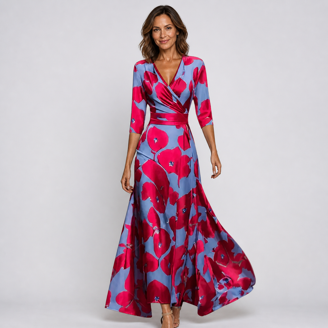 Stylish women's floral V-neck wrap maxi dress. Elegant flowing design for summer, parties & vacation wear.