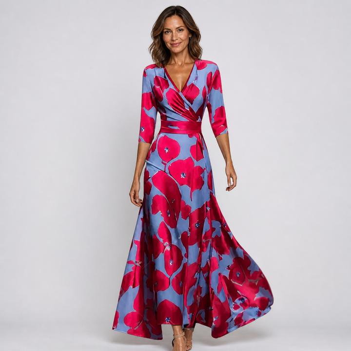 Stylish women's floral V-neck wrap maxi dress. Elegant flowing design for summer, parties & vacation wear.