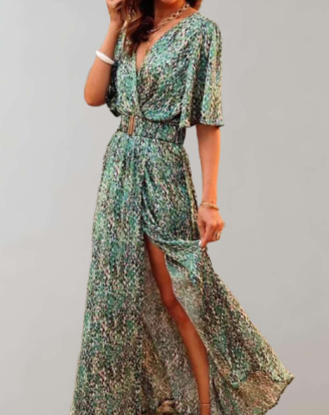 Elegant women's floral wrap maxi dress with side slit & V-neck, perfect for summer vacations.