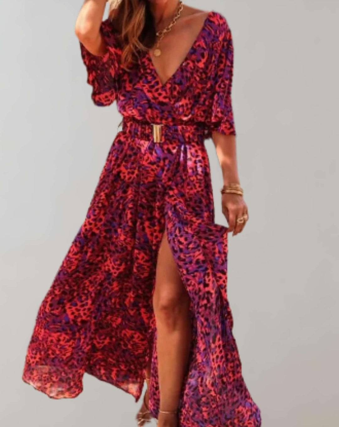 Feminine women's V-neck floral maxi dress, wrap style with a stylish side slit. Elegant and comfortable for any occasion.