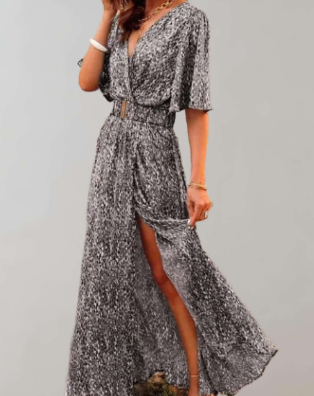 Comfortable women's floral wrap maxi dress with side slit, ideal as a casual chic summer dress or vacation wear.