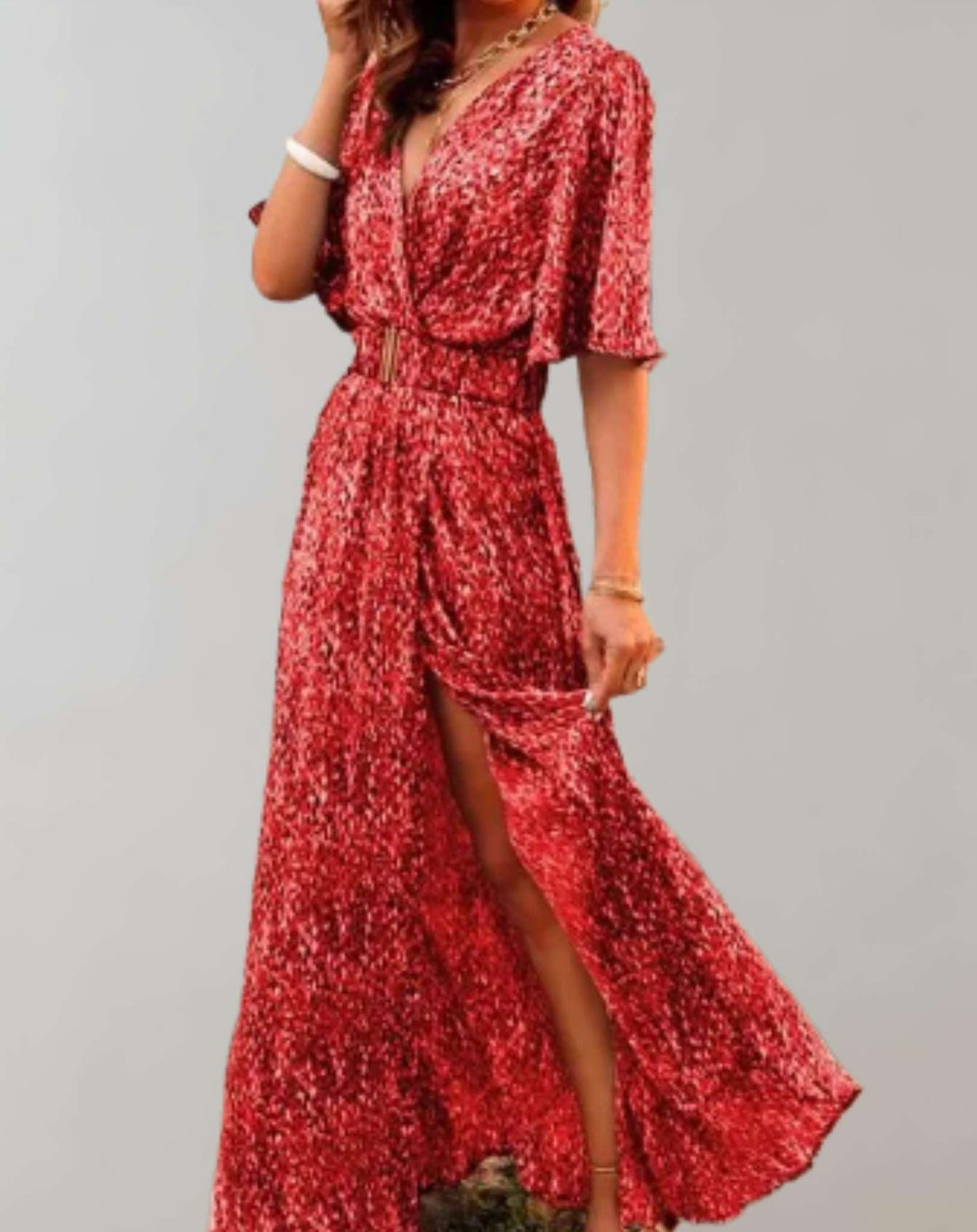 Versatile women's elegant floral wrap maxi dress. Flowy design with side slit, great for summer parties or vacation.