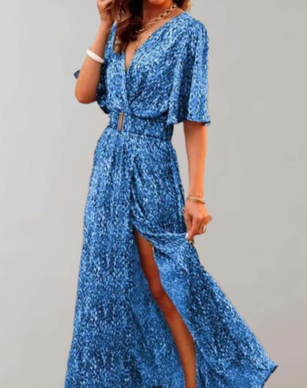 Stunning women's floral wrap maxi dress, with a graceful side slit. This elegant V-neck sundress offers feminine style.