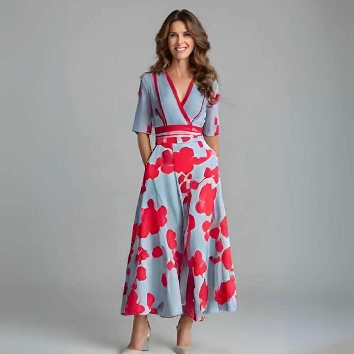Elegant women's Florita floral wrap maxi dress with flattering v-neck, perfect for summer chic.