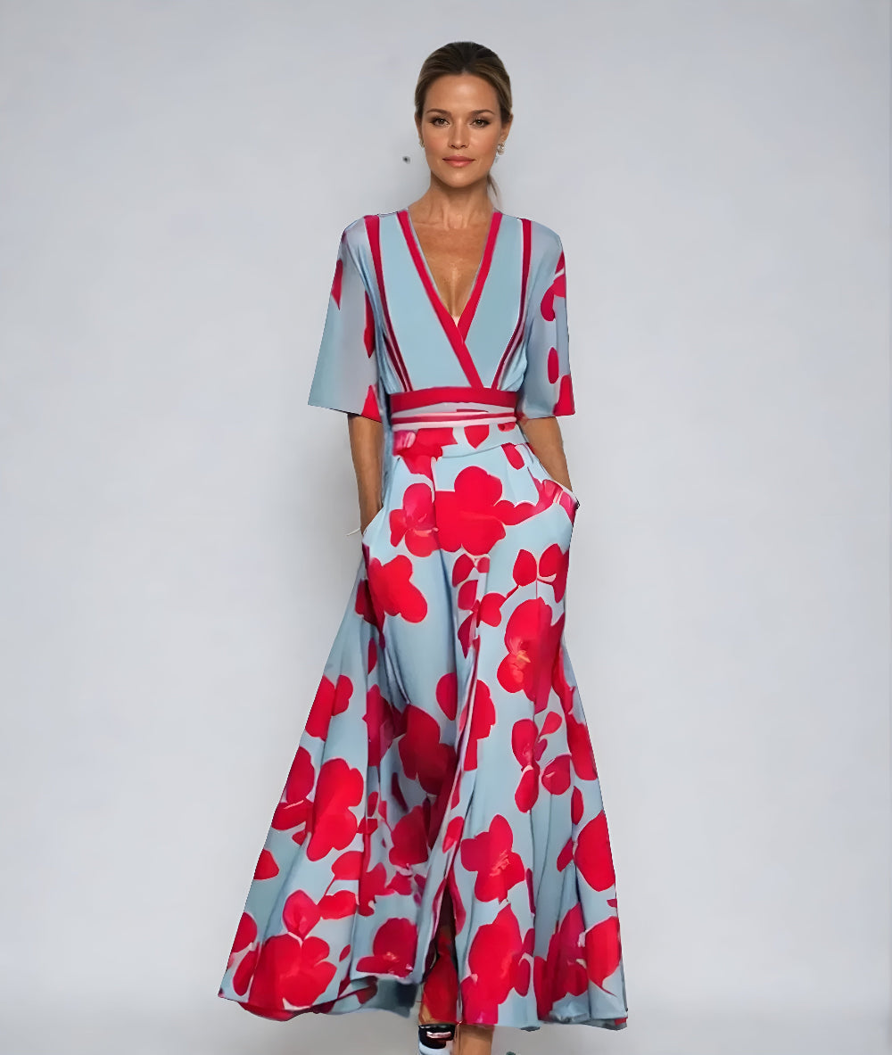 Flowy Florita floral wrap dress for women, featuring a flattering fit and stylish v-neck design.