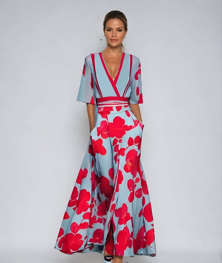 Flowy Florita floral wrap dress for women, featuring a flattering fit and stylish v-neck design.
