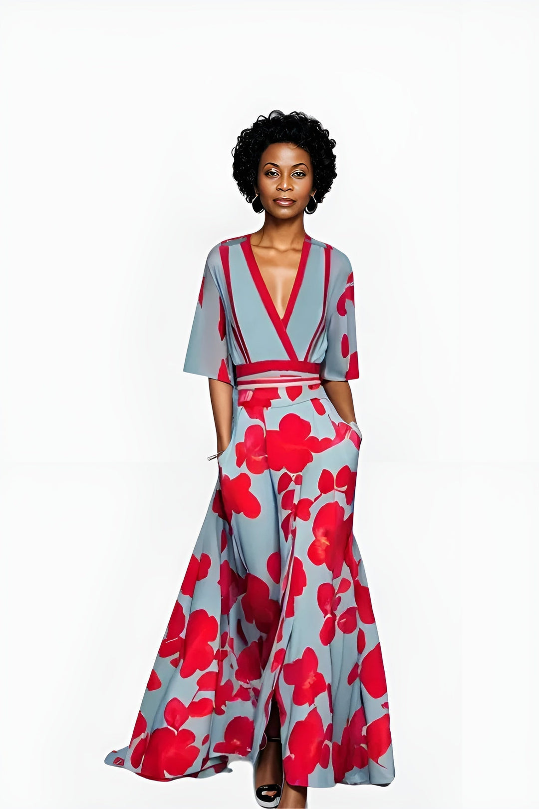 Beautiful women's floral print wrap maxi dress, offering an elegant and comfortable summer style.