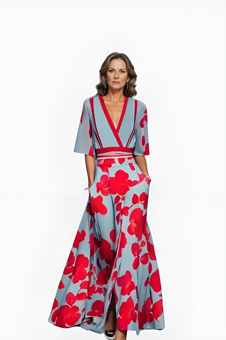 Fashionable women's elegant floral wrap dress, a chic and flattering maxi style for any occasion.