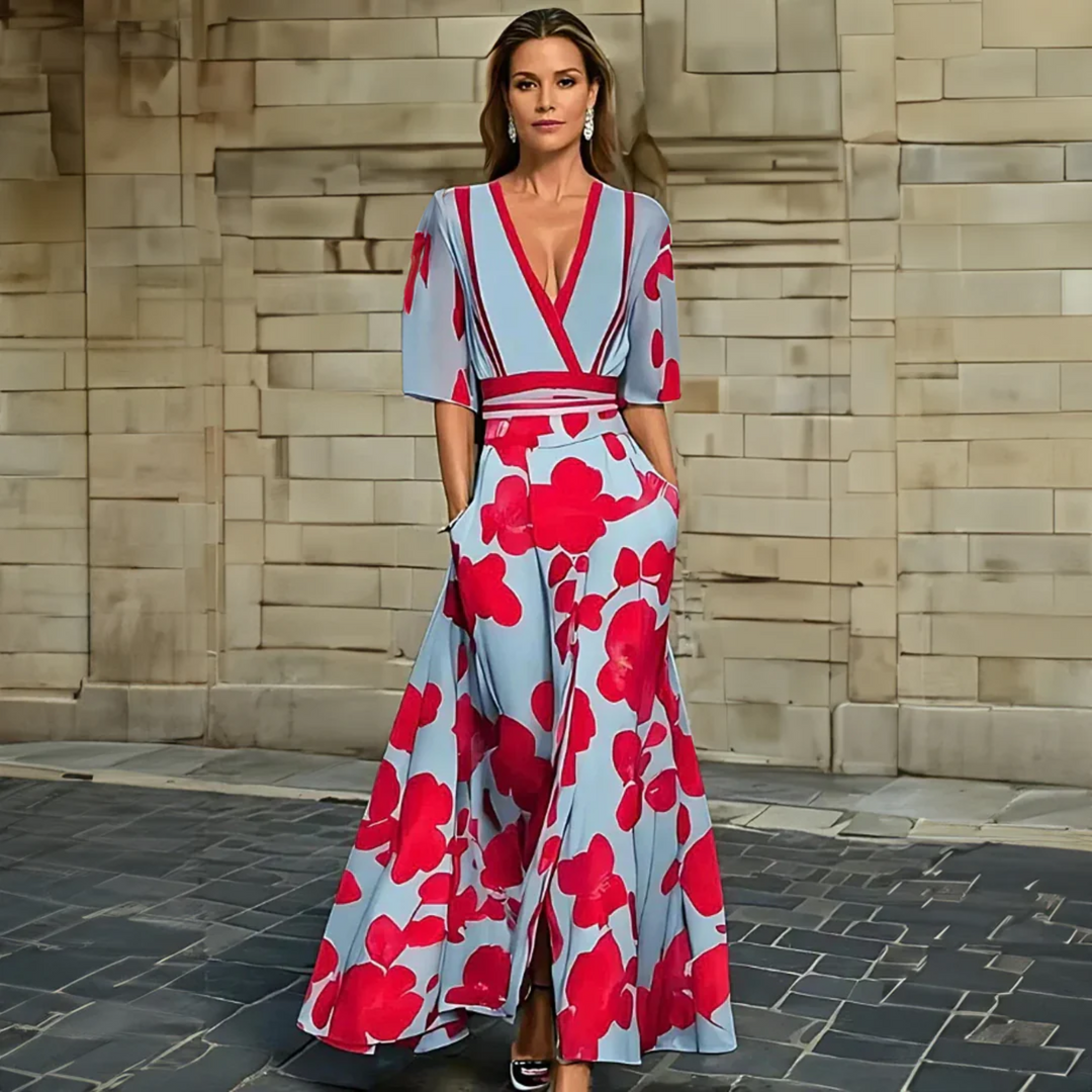 Florita women's elegant floral print wrap dress, a chic and flowy maxi style for summer fashion.