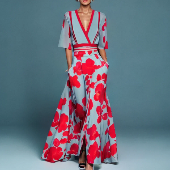 Versatile women's floral wrap maxi dress; elegant for day, evening, or vacation with a flattering v-neck.