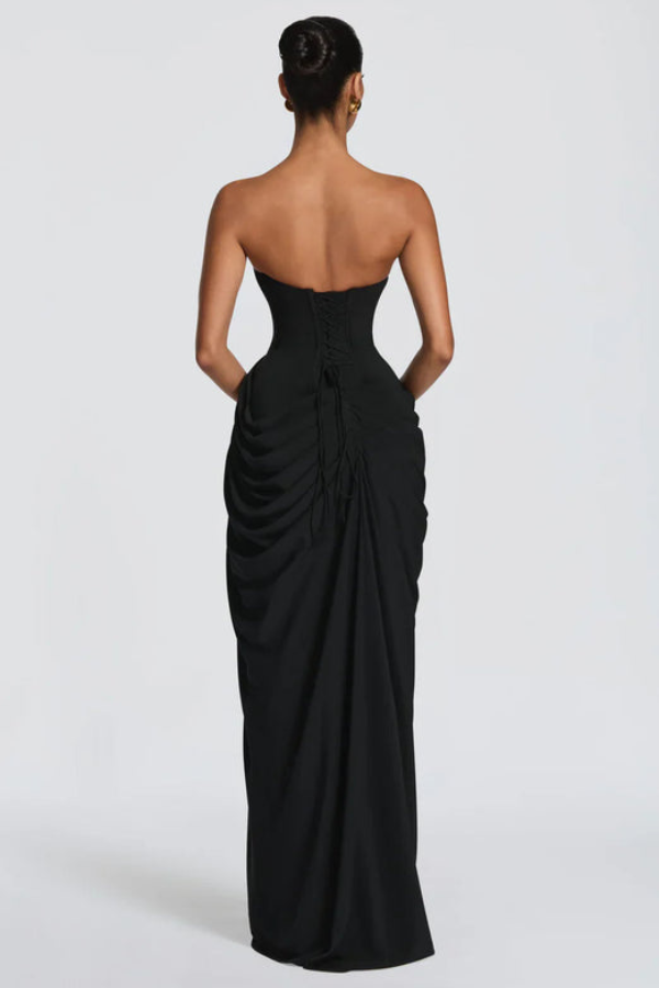 Dreamy wedding guest dress, a long flowing party gown.