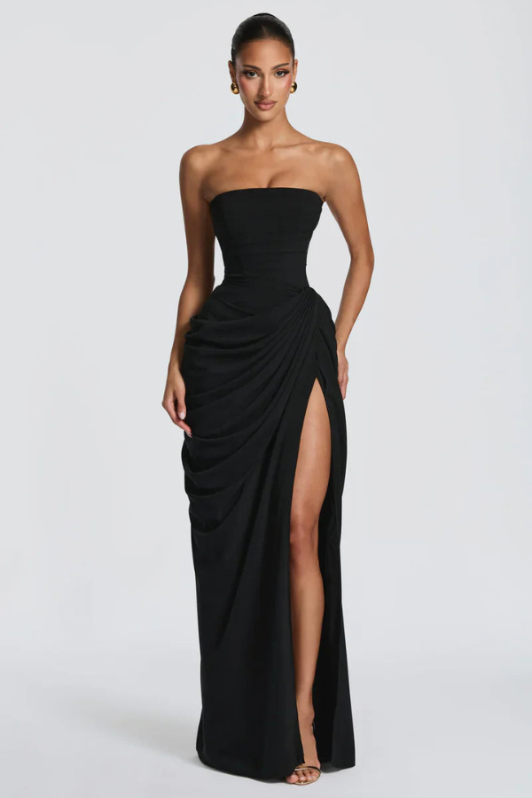 Modern women's formal event dress, elegant and long.