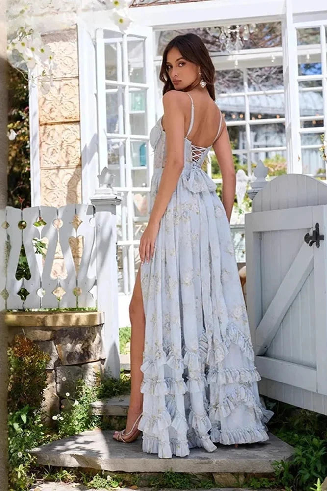 Graceful women's elegant flowing maxi dress. A sophisticated formal gown for memorable special occasion events.