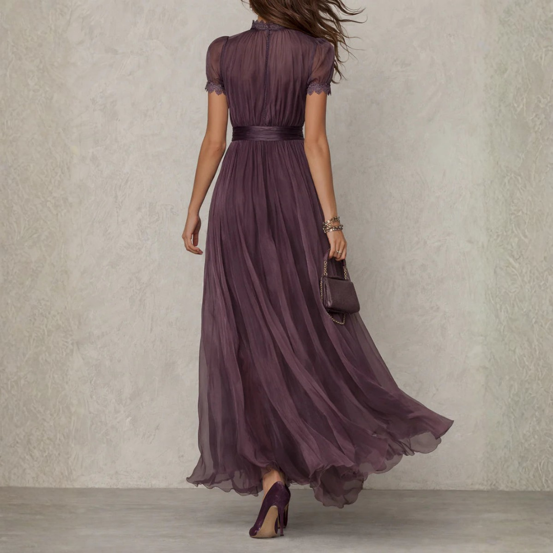 Flowing purple maxi dress for women, featuring delicate lace trim, ideal for elegant parties & evening events.