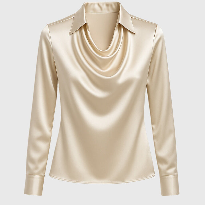 Women's elegant flowy blouse with a pleated neckline, a versatile and sophisticated top for both office and casual.