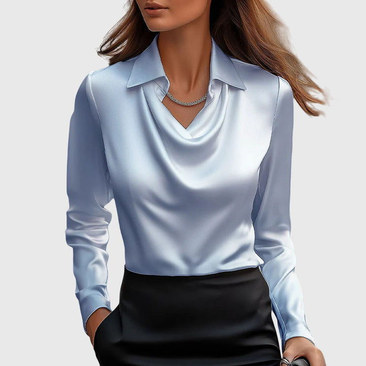 Gold elegant flowy blouse for women, a sophisticated top with a pleated neckline, perfect for versatile fashion.