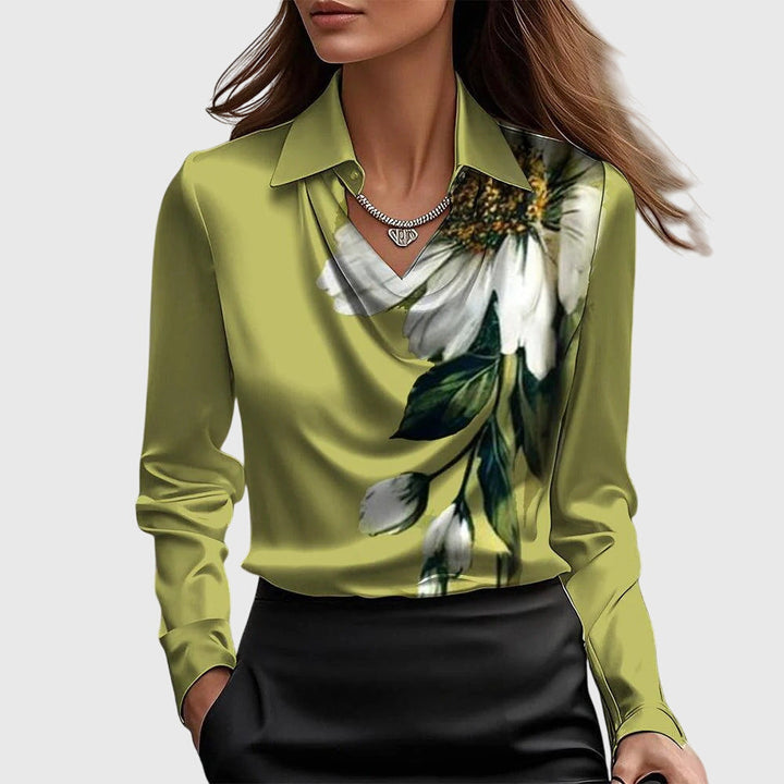 Sophisticated green women's flowy blouse, an elegant top with a pleated neckline, great for office and casual wear.