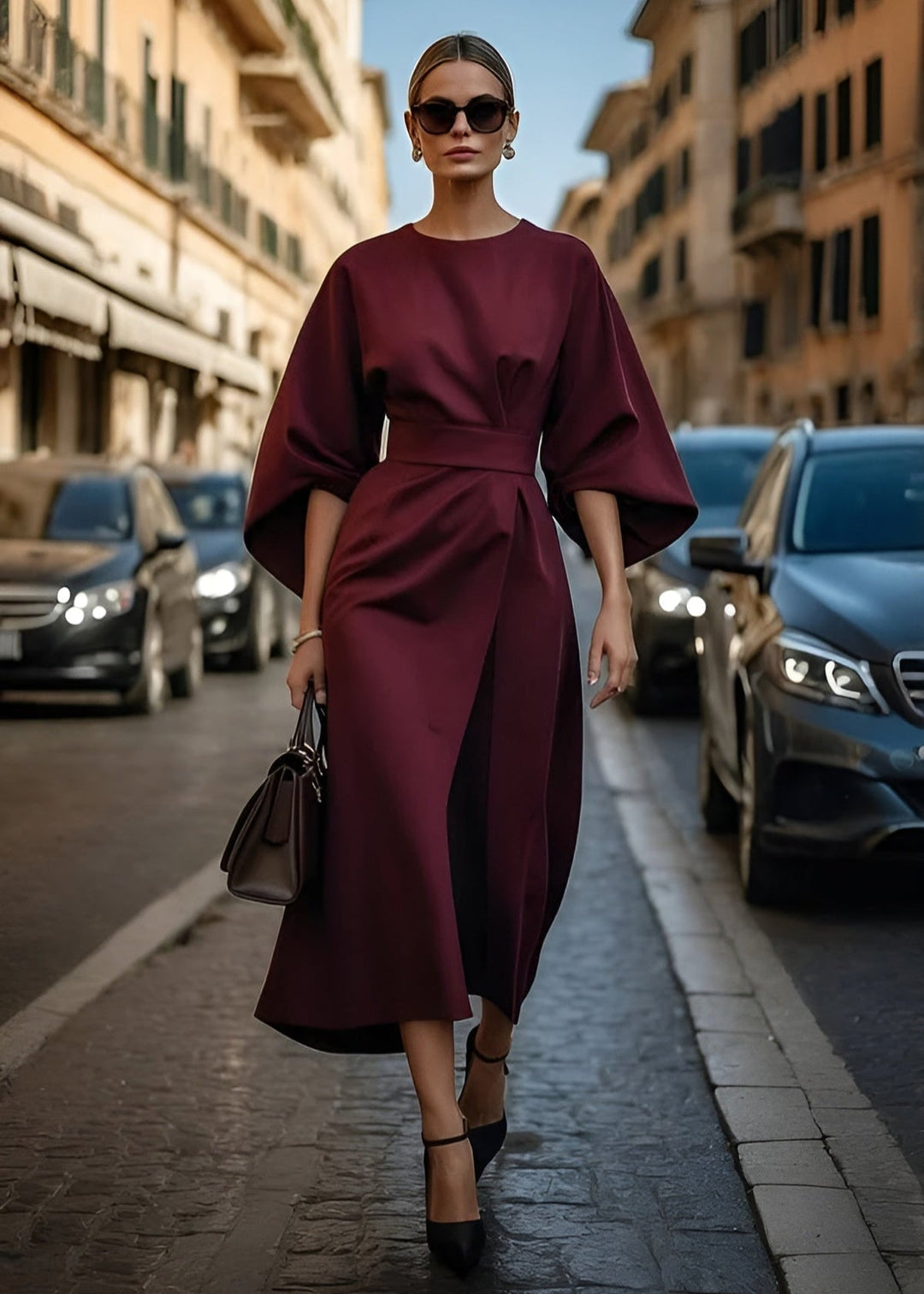 Elegant women's flowy maxi dress with a flattering belt, perfect for evening or special occasions.