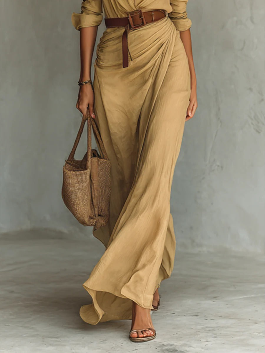Versatile elegant women's belted maxi dress, suitable for office, casual, or evening events, with a comfortable flowy fit.