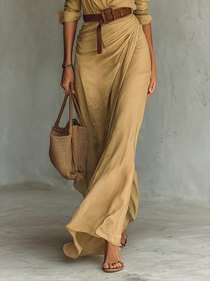 Versatile elegant women's belted maxi dress, suitable for office, casual, or evening events, with a comfortable flowy fit.