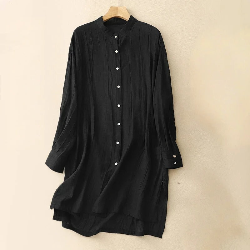 Chic women's flowy midi dress with elegant mandarin collar & button-front detail. Versatile for casual or dressy wear.