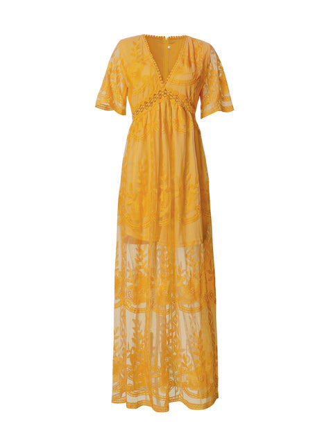 Women's vacation wear: a beautiful v-neck flowy viscose maxi dress in a vibrant summer hue.