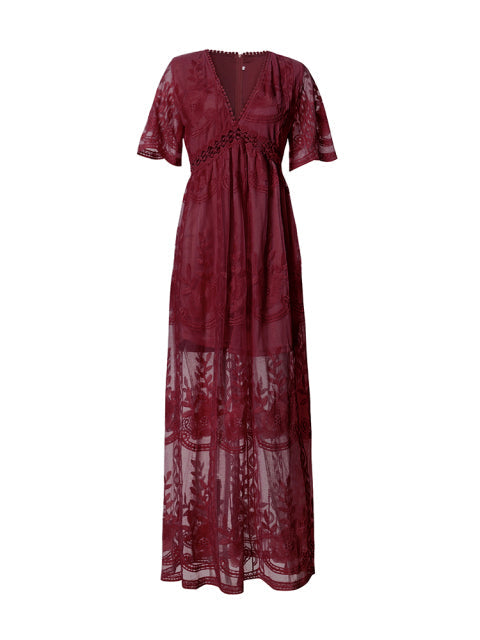 Side view of the elegant women's flowy viscose maxi dress, showcasing its flattering silhouette.