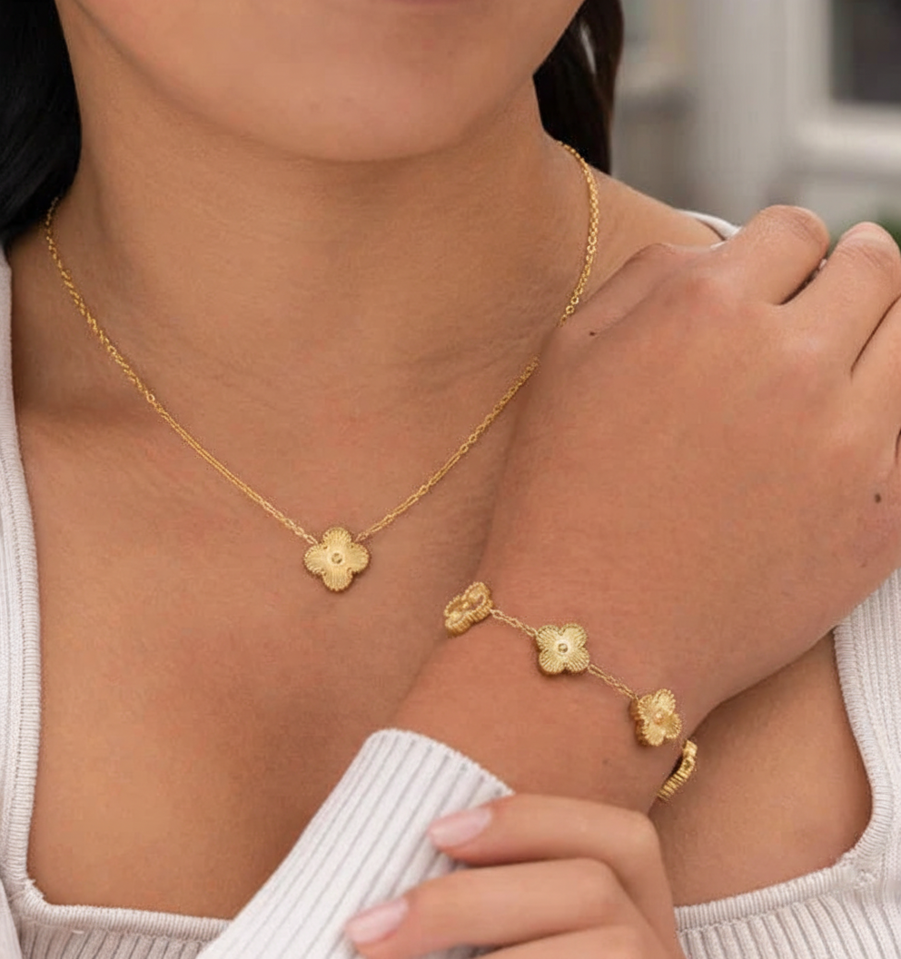 Elegant women's four-leaf clover necklace and matching earrings set, perfect for everyday wear and gifting