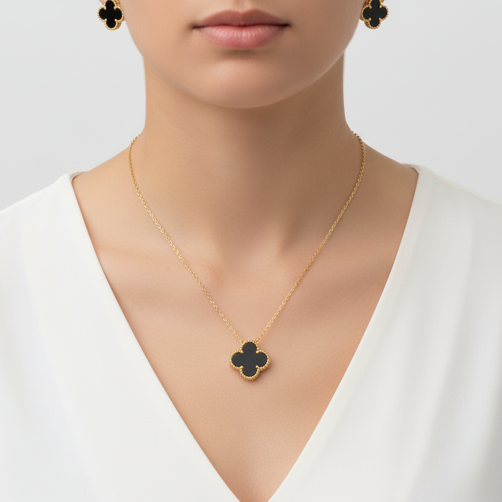 Close-up of the clasp on the adjustable women's four-leaf clover necklace, from the LuckJewelry set