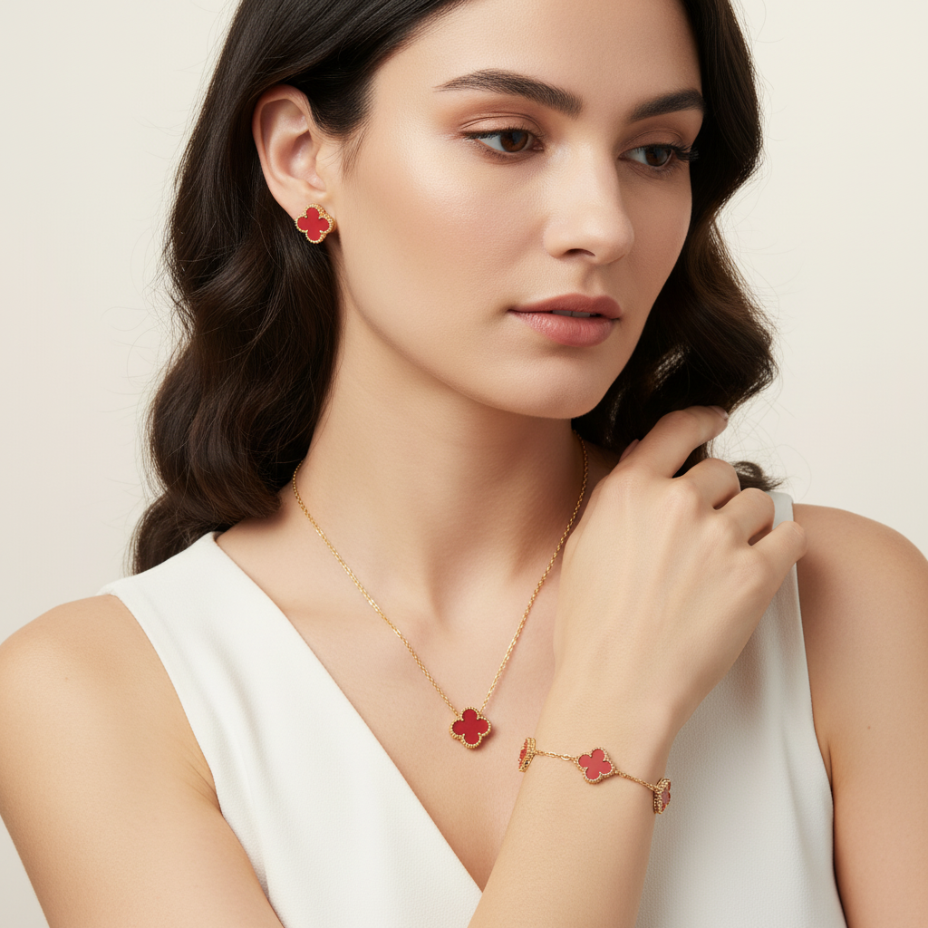 A display of the women's hypoallergenic four-leaf clover necklace and earrings, a perfect gift for her