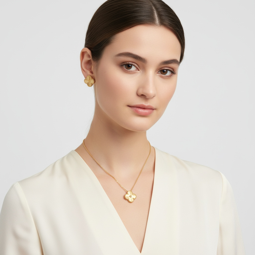 Women's four-leaf clover necklace and earrings set on a white background, emphasizing its clean design