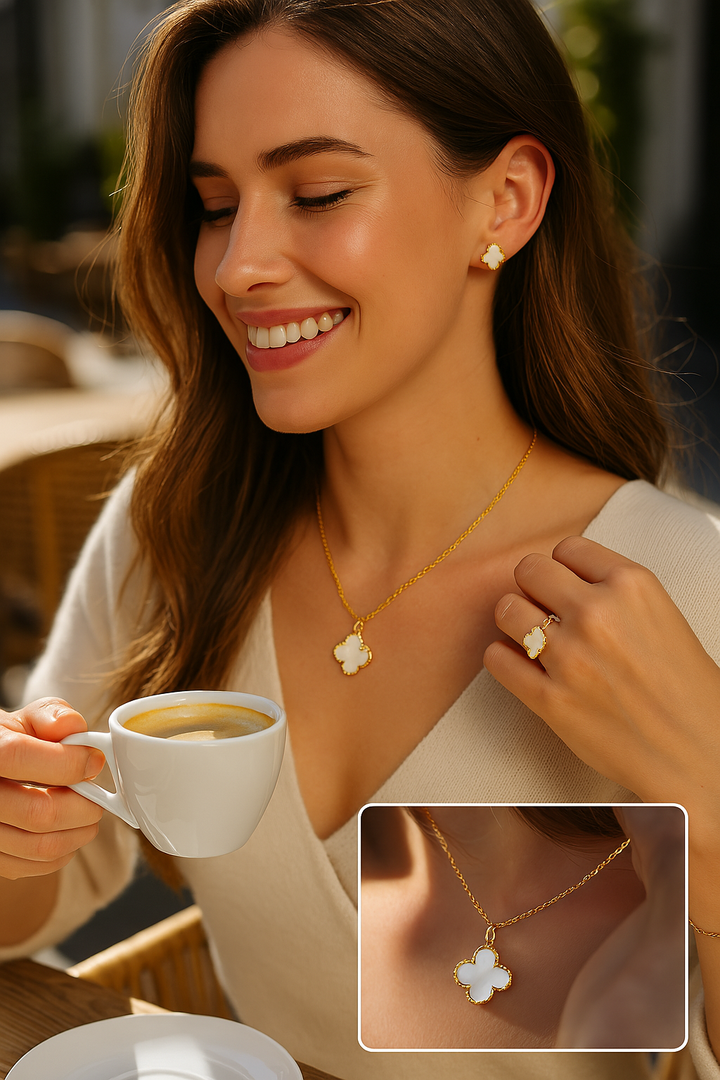 Gift-ready women's hypoallergenic four-leaf clover necklace and earrings set, presented as fashion jewelry