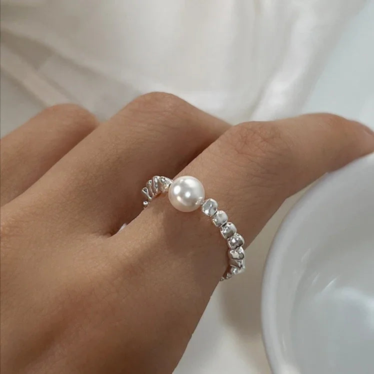 Stella women's adjustable silver galaxy pearl ring. Celestial design, elegant fashion jewelry, a stunning accessory.