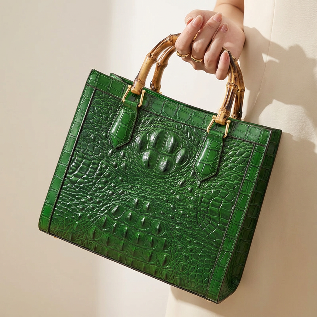 Elegant women's genuine leather handbag with croc pattern, a luxurious and stylish accessory.