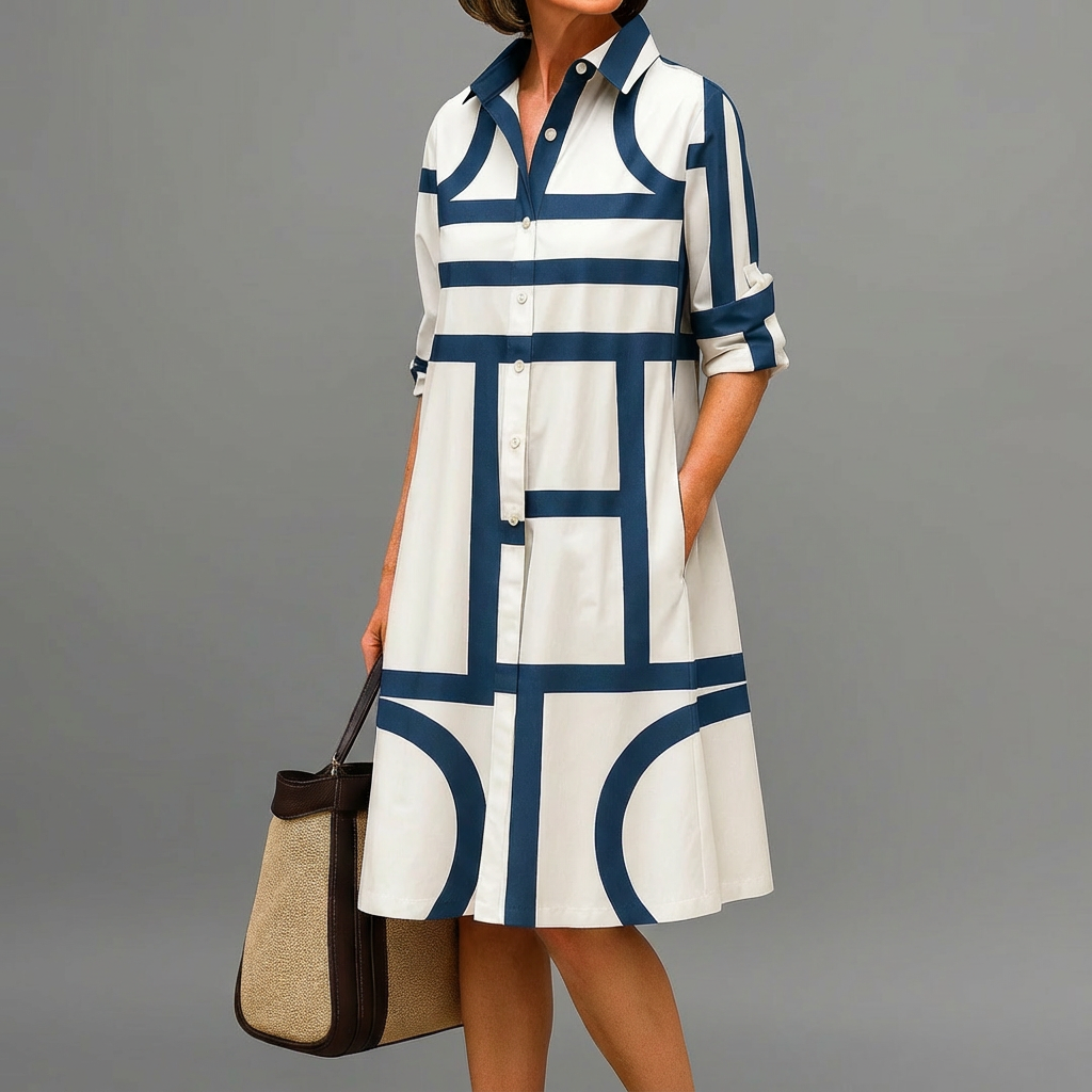 Elegant women's geometric print midi dress, A-line cut, long sleeves, perfect for office or sophisticated casual wear.