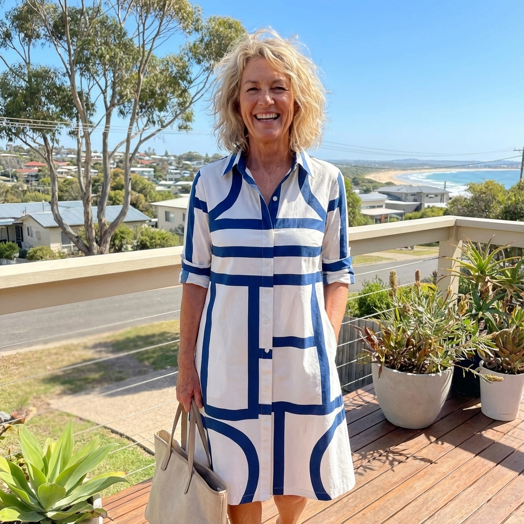 Effortless style: Women's elegant geometric midi dress, A-line, long sleeve, versatile for casual or professional settings.