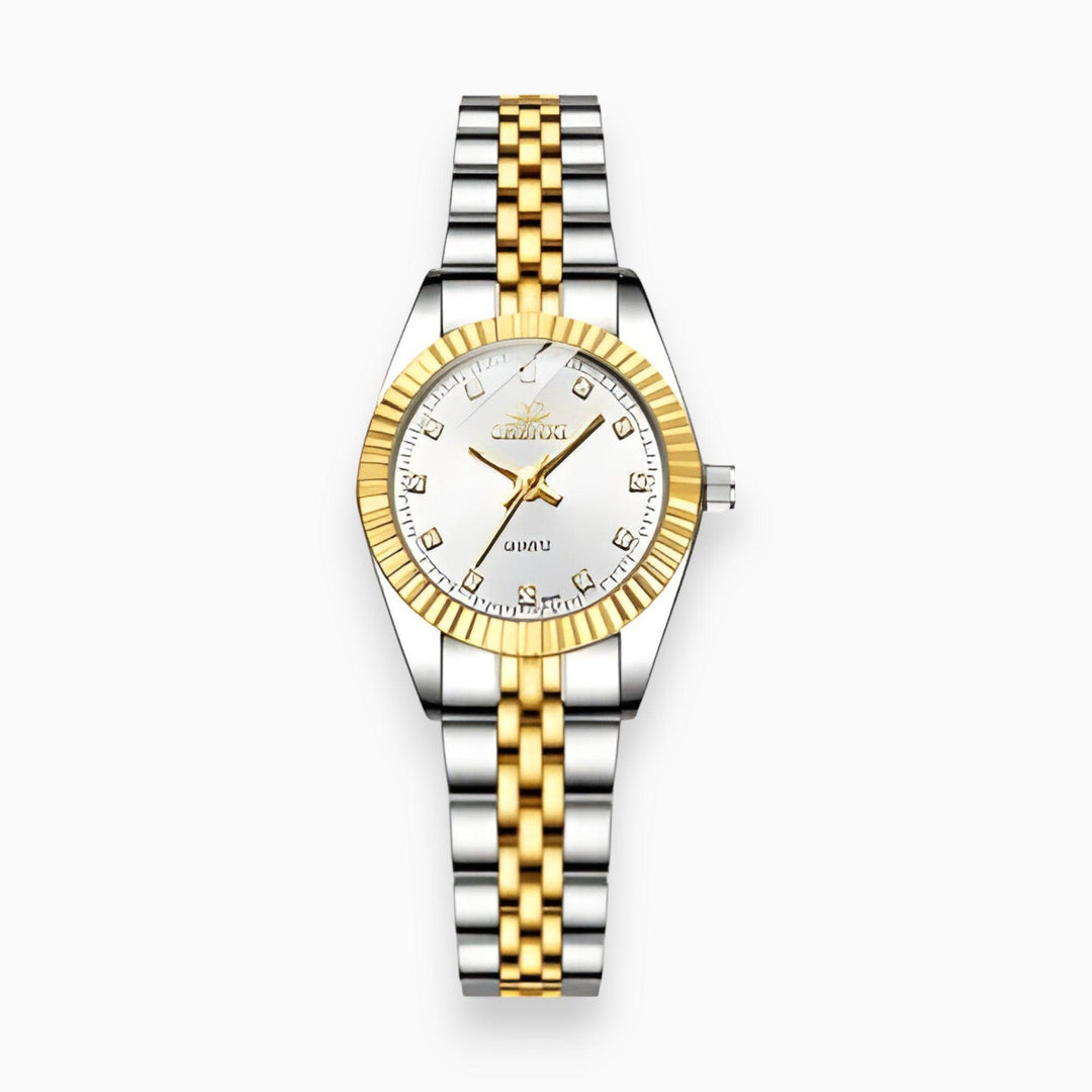 Elegant women's glamorous gemstone watch with sparkling crystals, featuring a gold & silver titanium steel strap.
