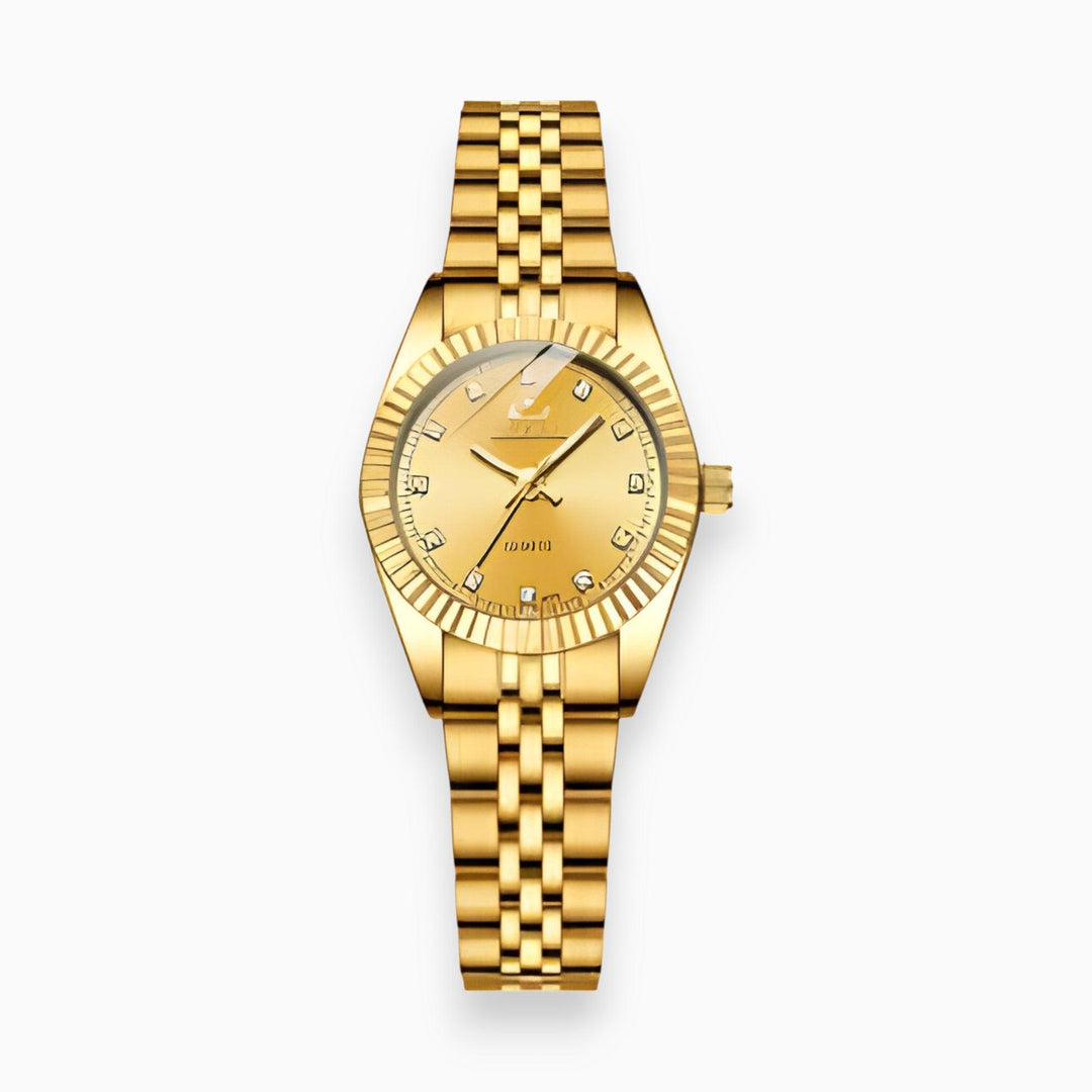 Stylish women's gold & silver titanium steel watch with round dial, gemstones & water-resistant design.