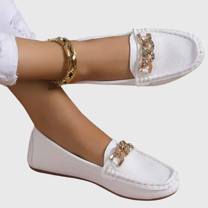 Elegant women's gold-chain wedge loafers, comfortable slip-on shoes for versatile fashion.