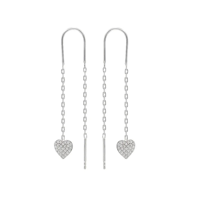 Stylish women's silver double heart chain drop earrings, modern jewelry for any fashion-forward outfit.