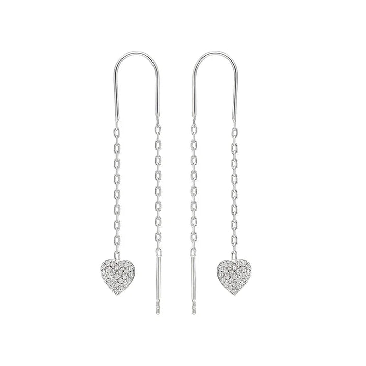 Stylish women's silver double heart chain drop earrings, modern jewelry for any fashion-forward outfit.