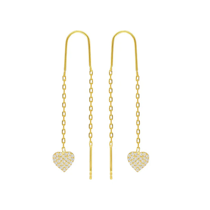 Fashionable women's double heart chain drop earrings, a chic statement jewelry piece.