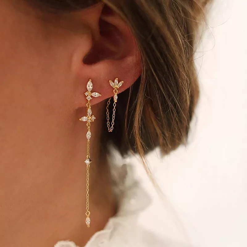Elegant women's gold drop chain earrings with sparkling cubic zirconia, perfect for her