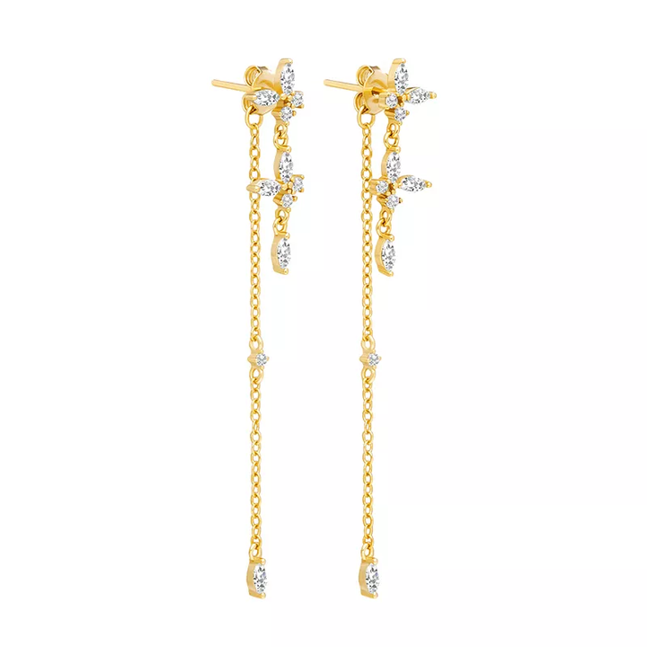 Timeless silver drop chain earrings featuring delicate flower design and cubic zirconia